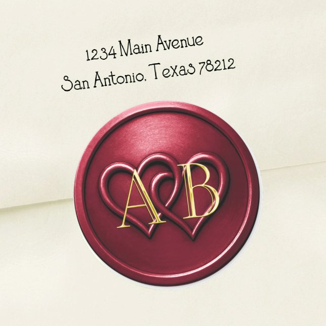 Burgundy Two Hearts Intertwined Monogram Wedding Runder Aufkleber (Von Creator hochgeladen)