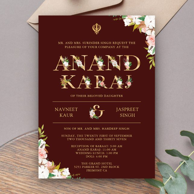 Burgundy Typografie Anand Karaj Sikh Wedding Einladung (Von Creator hochgeladen)