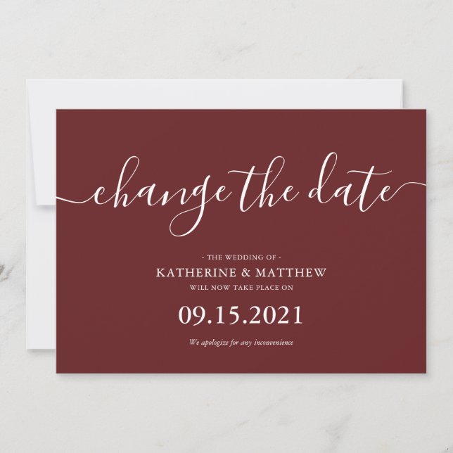 Burgundy Typografy Rescheduled Wedding Save The Date (Vorderseite)