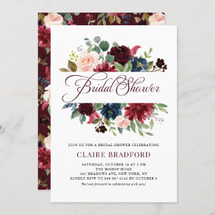 Burgundy und Blue Floral Frame Fall Brautparty Einladung