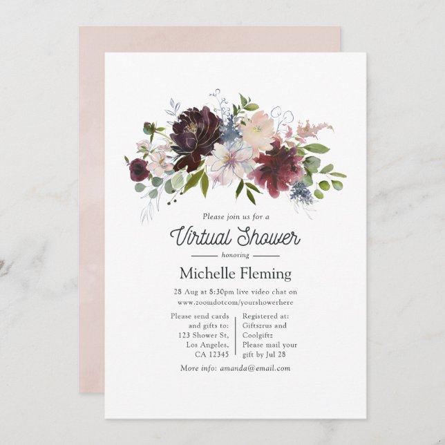 Burgundy und Blush Pink Virtual Baby Dusche Einladung (Vorne/Hinten)