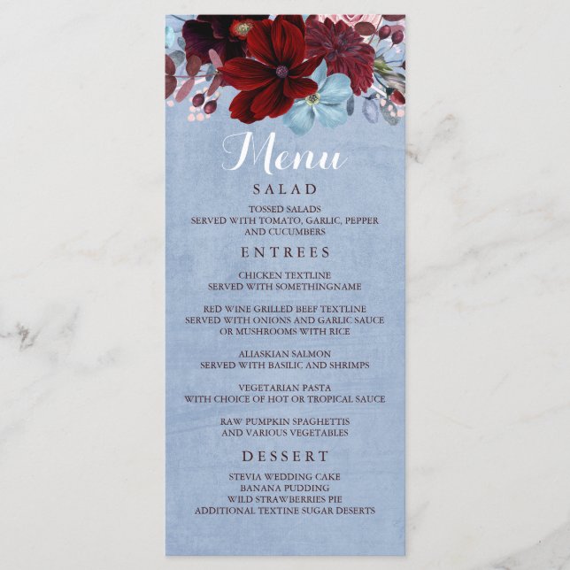 Burgundy und Dusty Blue Wedding Menus Programm (Vorderseite)