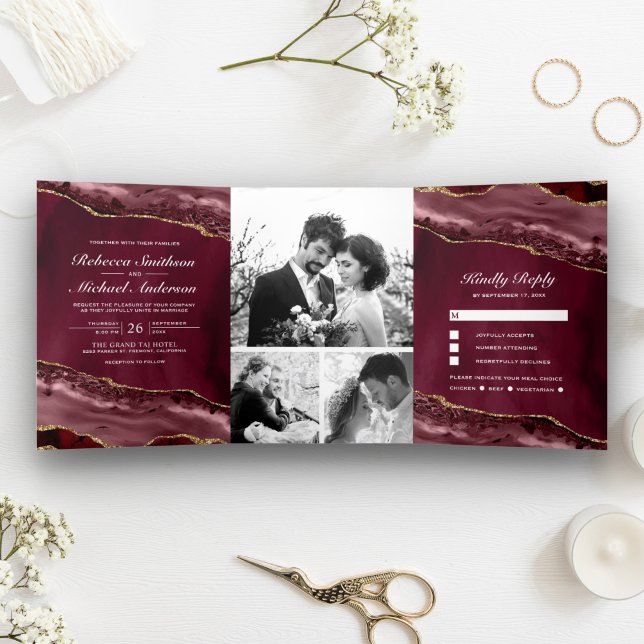 Burgundy und Gold Agate Foto Collage Wedding Dreifach Gefaltete Einladung (Von Creator hochgeladen)
