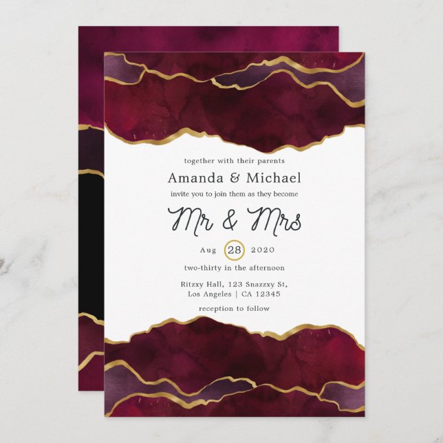 Burgundy und Gold Agate Wedding Einladung (Vorne/Hinten)
