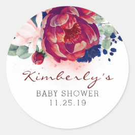 Burgundy und Navy Blue Floral Baby Dusche Runder Aufkleber