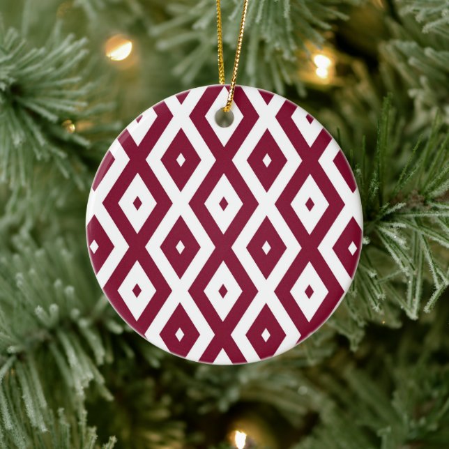 Burgundy und weißes Diamantmuster Keramik Ornament (Baum)