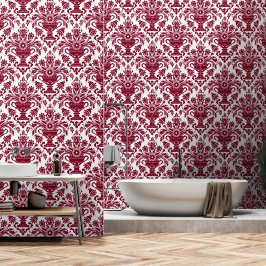 Burgundy und White Damask Bläschen und Stangen Tapete