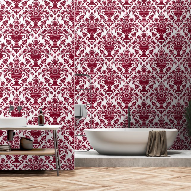 Burgundy und White Damask Bläschen und Stangen Tapete (Badezimmer)