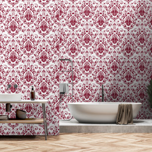 Burgundy und White Damask Bläschen und Stangen Tapete