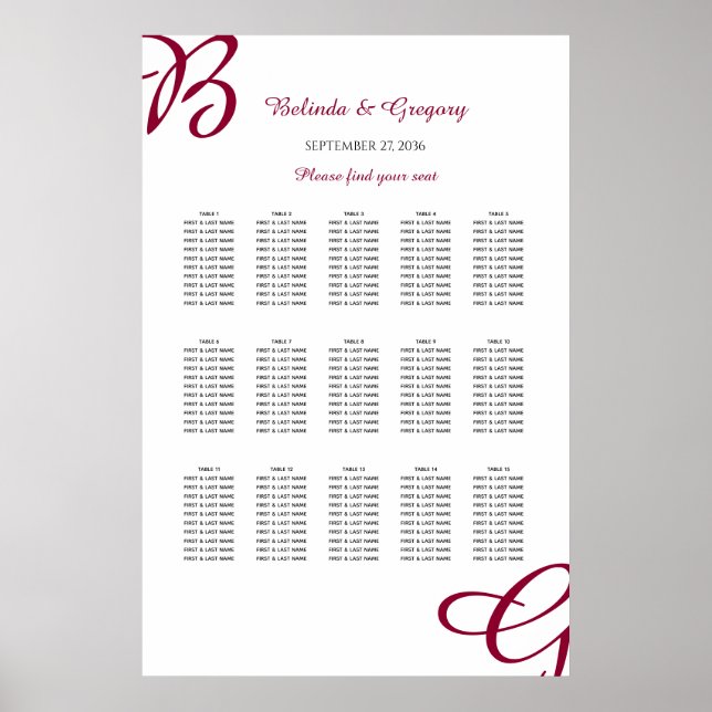 Burgundy Ursprüngliche Hochzeit im Herbst Sitzplan Poster (Vorne)