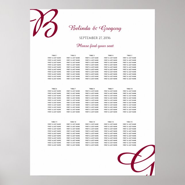 Burgundy Ursprüngliche Hochzeit im Herbst Sitzplan Poster (Vorne)