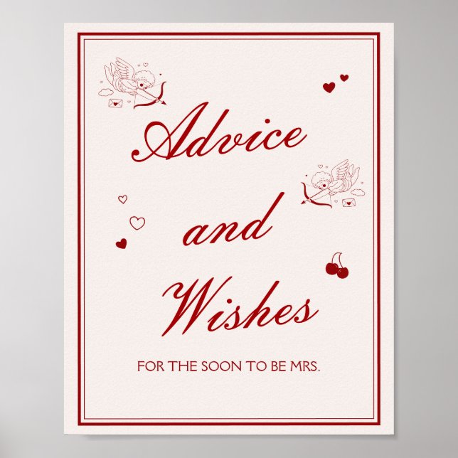 Burgundy Valentine Bridal Shower Advice and Wishes Poster (Vorne)