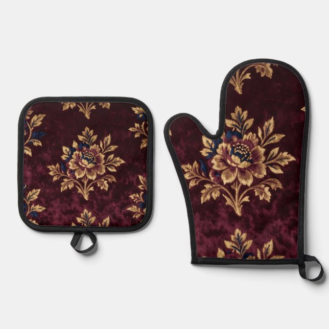 Burgundy Velvet Peony Gold Embroidery Floral  Ofenhandschuh & Topflappen-Set (Vorderseite)