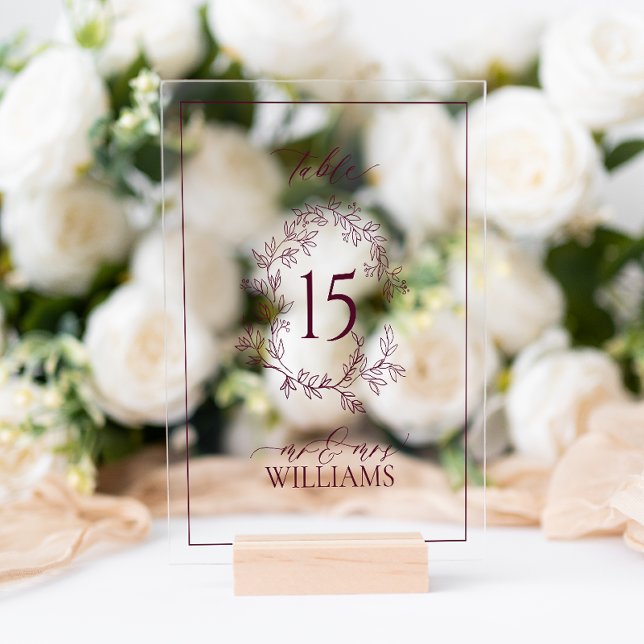 Burgundy Wappen Monogram Wedding Tischnummer Acrylschild (Wedding Table Number!
)