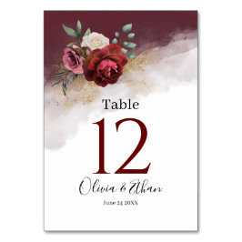 Burgundy Watercolor Blooms Gold Glitzer Tischnummer
