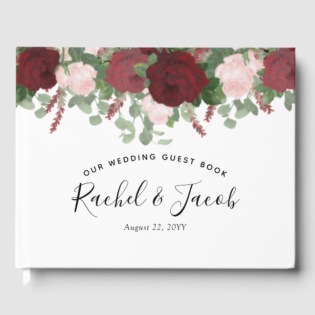 Burgundy Watercolor Blues Blush Pink Wedding Gästebuch (Vorderseite)