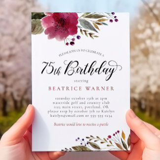 Burgundy Watercolor Blume 75. Geburtstag Einladung