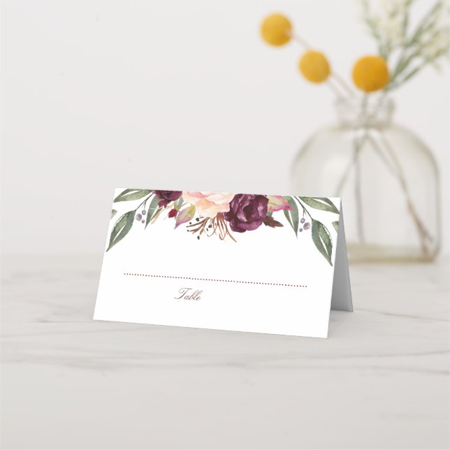 Burgundy Watercolor Blume Hochzeit Platzkarte (Vorderseite)