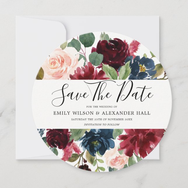 Burgundy Watercolor Blume Moderne Hochzeit Save The Date (Vorderseite)