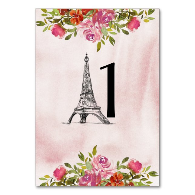 Burgundy Watercolor Blumeneiffelturm Tischnummer (Vorderseite)