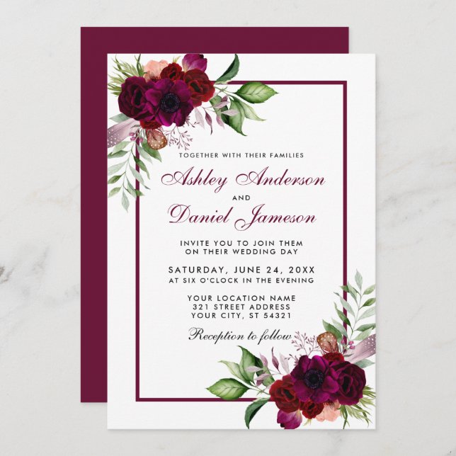 Burgundy Watercolor Boho Floral Wedding Einladung (Vorne/Hinten)