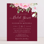 Burgundy Watercolor Brautparty laden<br><div class="desc">Eine elegante,  preiswerte Blumendusche mit rosafarbenen Aquarellfarben-Blume und moderner handgeschriebener Kalligraphie auf bordeauxrotem Hintergrund.</div>