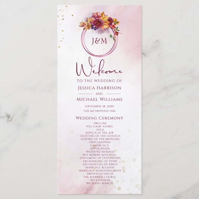 Burgundy Watercolor Fall Bouquet Elegante Hochzeit Programm (Vorderseite)