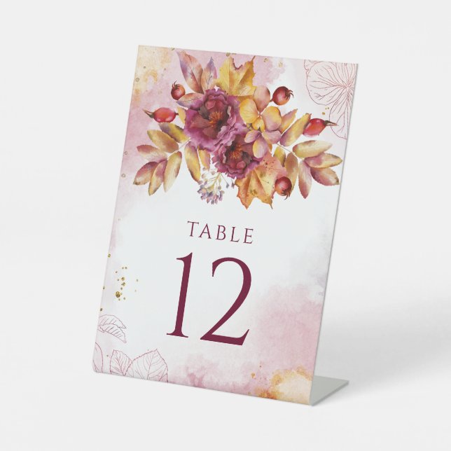 Burgundy Watercolor Fall Bouquet Elegante Hochzeit Sockelschild (Vorderseite)