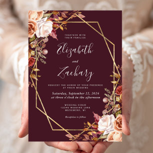 Burgundy Watercolor Fall Floral Gold Frame Wedding Einladung