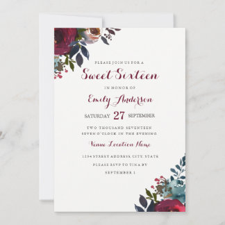 Burgundy Watercolor Floral 16 . Geburtstag Einladu Einladung