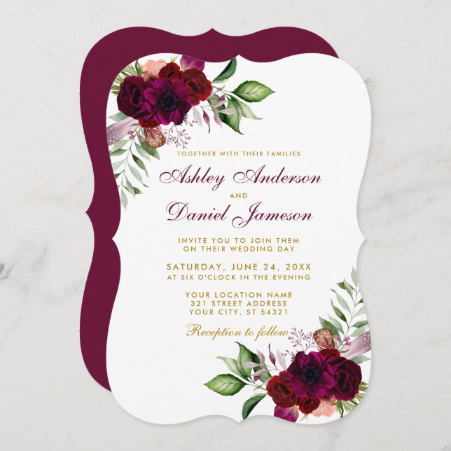 Burgundy Watercolor Floral Boho Gold Wedding B Einladung (Vorne/Hinten)