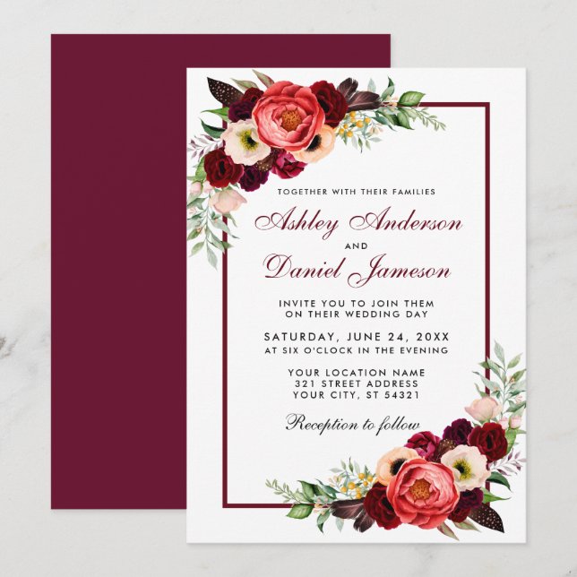 Burgundy Watercolor Floral Boho Wedite Einladung (Vorne/Hinten)