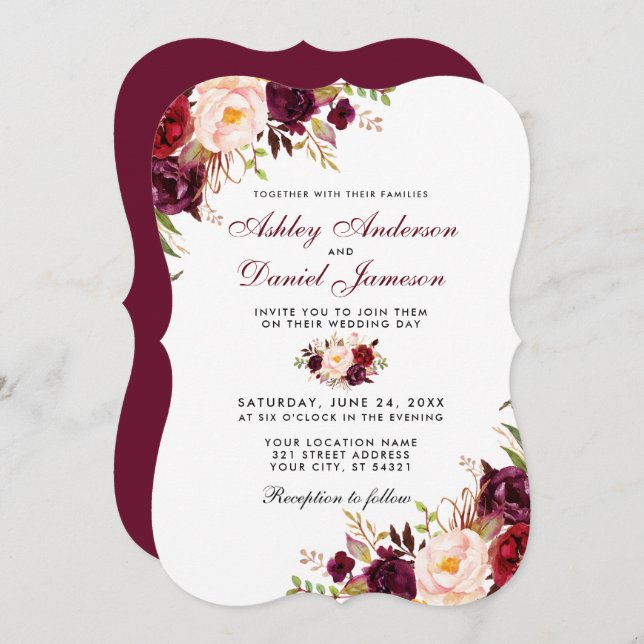 Burgundy Watercolor Floral Bracket Wedding Einladung (Vorne/Hinten)