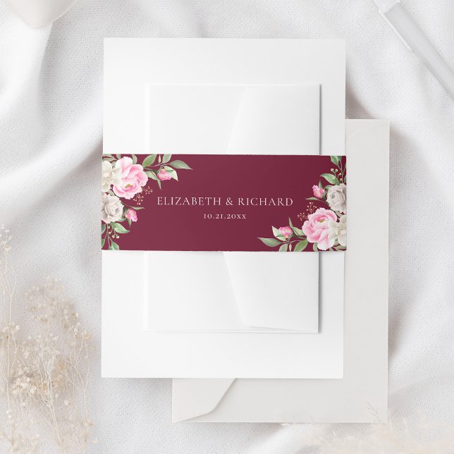 Burgundy Watercolor Floral Elegant Wedding Einladungsbanderole (Von Creator hochgeladen)
