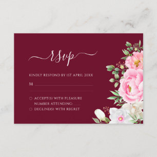Burgundy Watercolor Floral Elegant Wedding RSVP Karte