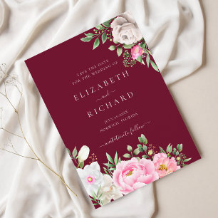 Burgundy Watercolor Floral Elegant Wedding Save The Date