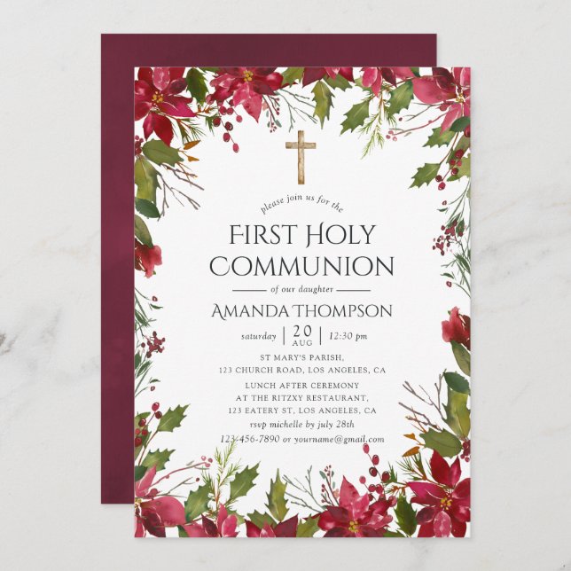 Burgundy Watercolor Floral First Heilige Kommune Einladung (Vorne/Hinten)