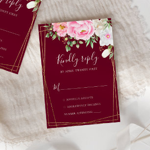 Burgundy Watercolor Floral Geometric Wedding RSVP Karte