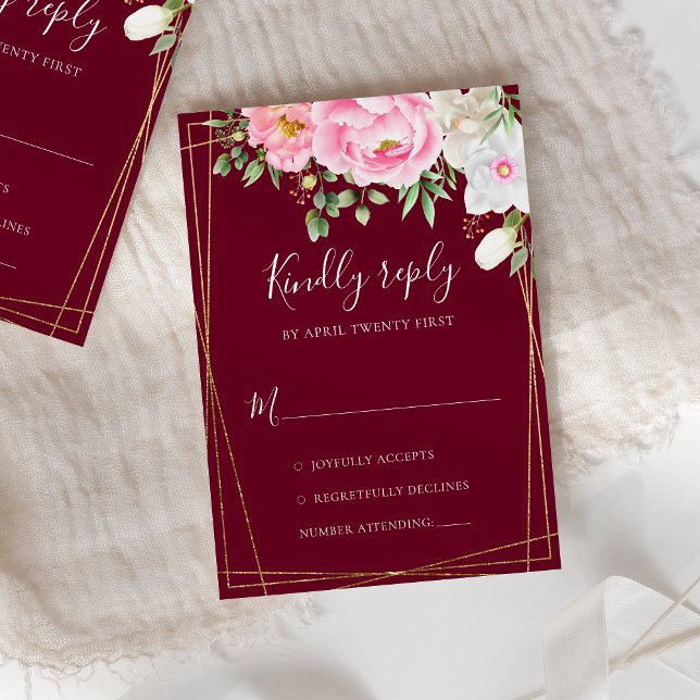 Burgundy Watercolor Floral Geometric Wedding RSVP Karte (Von Creator hochgeladen)
