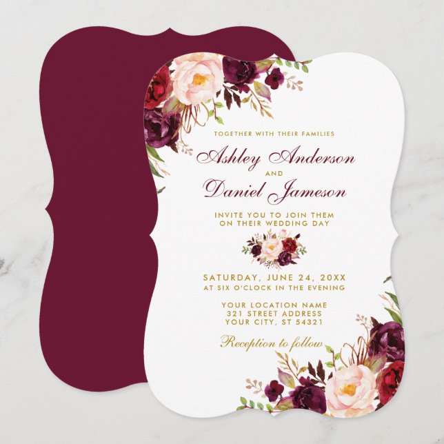 Burgundy Watercolor Floral Gold Bracket Wedding Einladung (Vorne/Hinten)