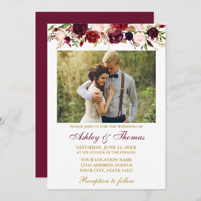 Burgundy Watercolor Floral Gold Foto Hochzeit Einladung (Vorne/Hinten)