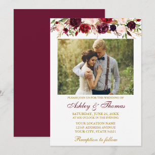 Burgundy Watercolor Floral Gold Foto Hochzeit Einladung