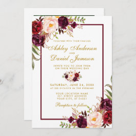 Burgundy Watercolor Floral Gold Foto Hochzeit Einladung