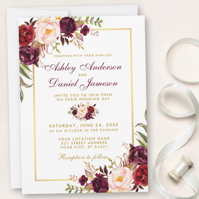 Burgundy Watercolor Floral Gold Hochzeit Einladung (Customize to change text color, style or to add text & photos to back of card.)