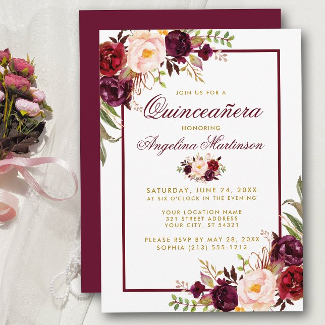 Burgundy Watercolor Floral Gold Quinceanera Einladung (Customize to change text color, style, add text & photos to back or change color of back of card.)