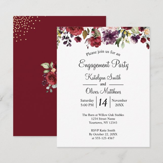 Burgundy Watercolor Floral Gold Verlobung Einladung (Vorne/Hinten)
