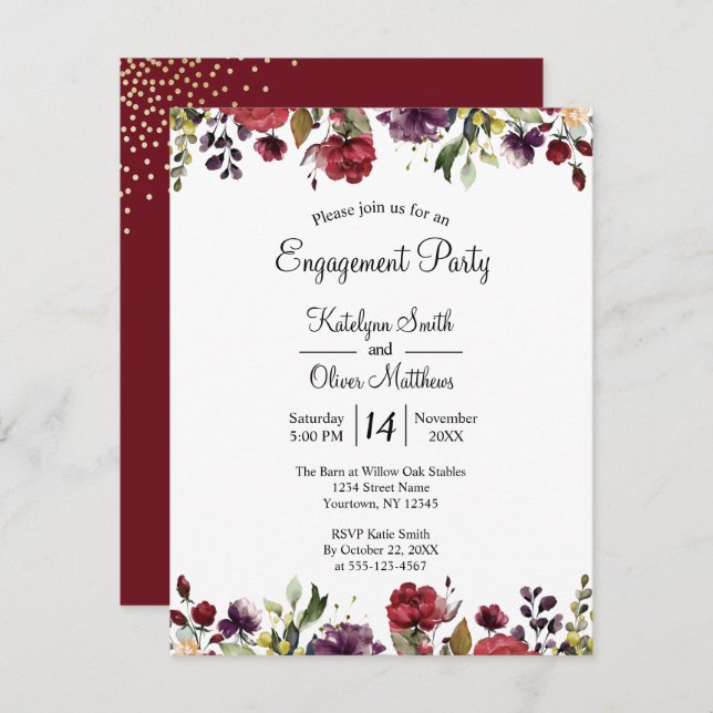 Burgundy Watercolor Floral Gold Verlobung Einladung (Vorne/Hinten)