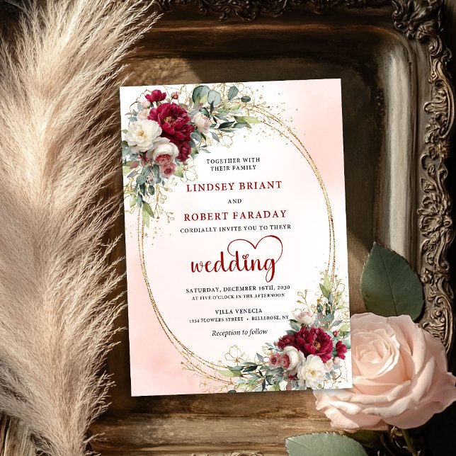 Burgundy Watercolor Floral Gold Wedding Invitation Einladung (Burgundy Watercolor Floral Gold Wedding Invitation)