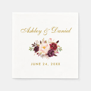 Burgundy Watercolor Floral Gold Wedding Serviette