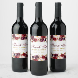 Burgundy Watercolor Floral Gold Wedding Weinetikett